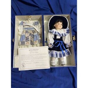 Lasting Impressions Porcelain Collectible 11” Doll In Blue Dress/Hat w/Case